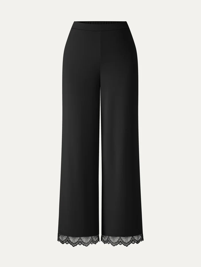 Ponte Lace Trim Draped Mid Rise Wide Leg Pants With Pockets